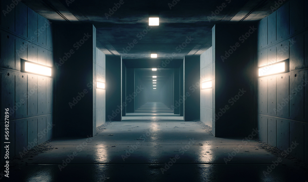 White lights in a dark underground tunnel, concrete walls with metal structures