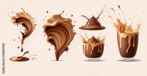 Coffee splash, hot chocolate . A beautiful template for game. Flat cartoon illustration isolated on background. Vector