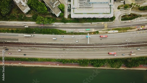 Wallpaper Mural aerial top down of traffic road highway in Hong Kong china asia, pollution smog and traffic problem concept  Torontodigital.ca