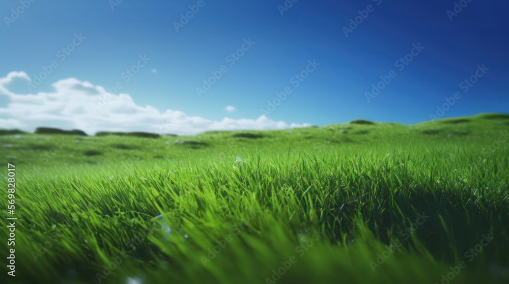 Green grass and blue sky. Spring field and sunshine, Generative AI