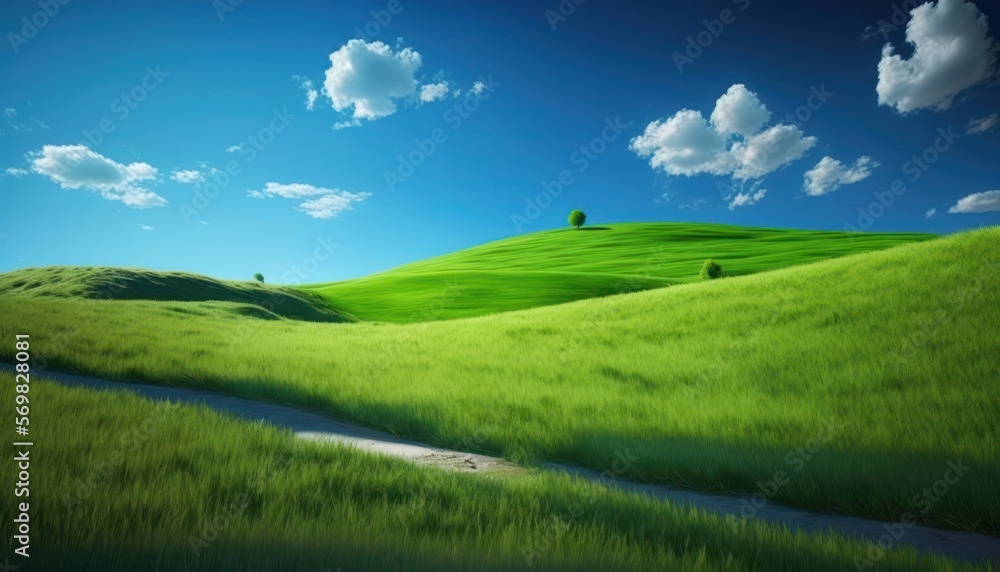 Spring landscape with green grass and blue sky. Grassland, hills and trees. Generative AI