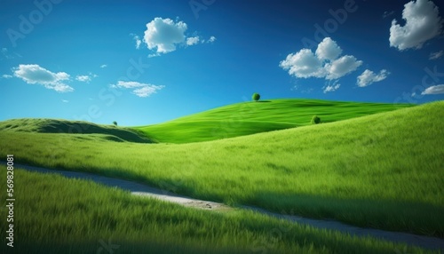 Spring landscape with green grass and blue sky. Grassland, hills and trees. Generative AI