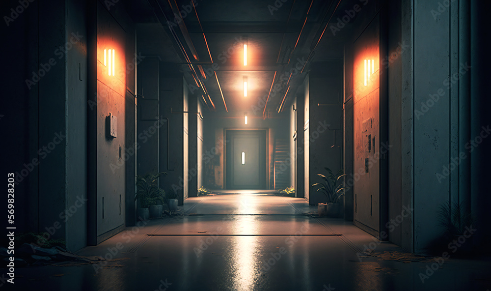 Bright lights in concrete hallway, realist illustration of empty underground warehouse