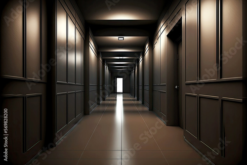 Valokuvatapetti interior of ious empty corridor with dark finishes in city office