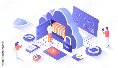 Cloud Storage Service. Internet hosting provider, Data backup, Cloud computing. Big cloud as a safe for files, protected and secure. Isometry illustration with people scene for web graphic.