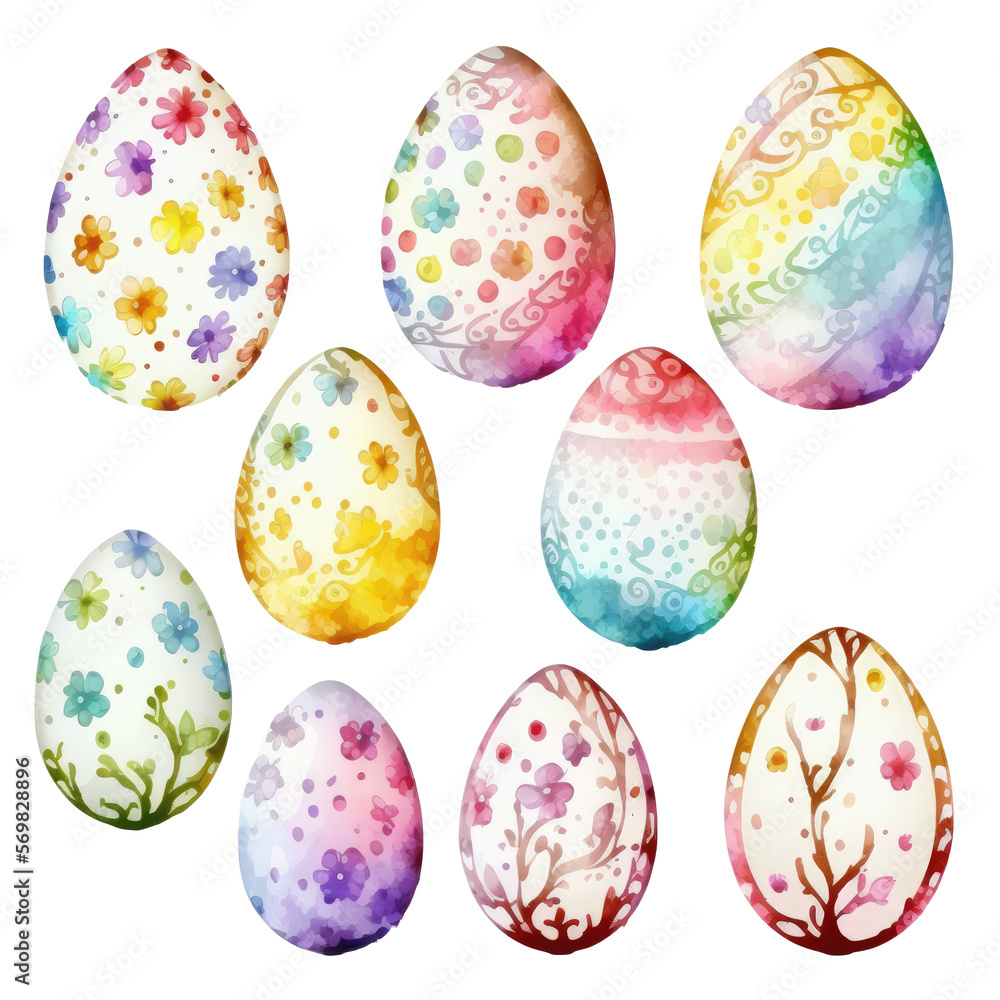 Set of  on watercolor painted easter eggs transparent PNG, elements, illustrations, isolated, Generative AI