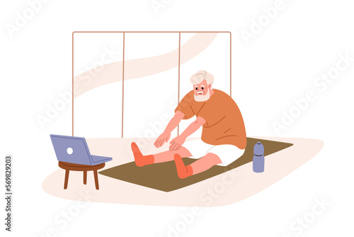 Elderly man doing sport exercise, stretching on fitness mat with online video on laptop computer. Old senior person at home workout via internet. Flat vector illustration isolated on white background