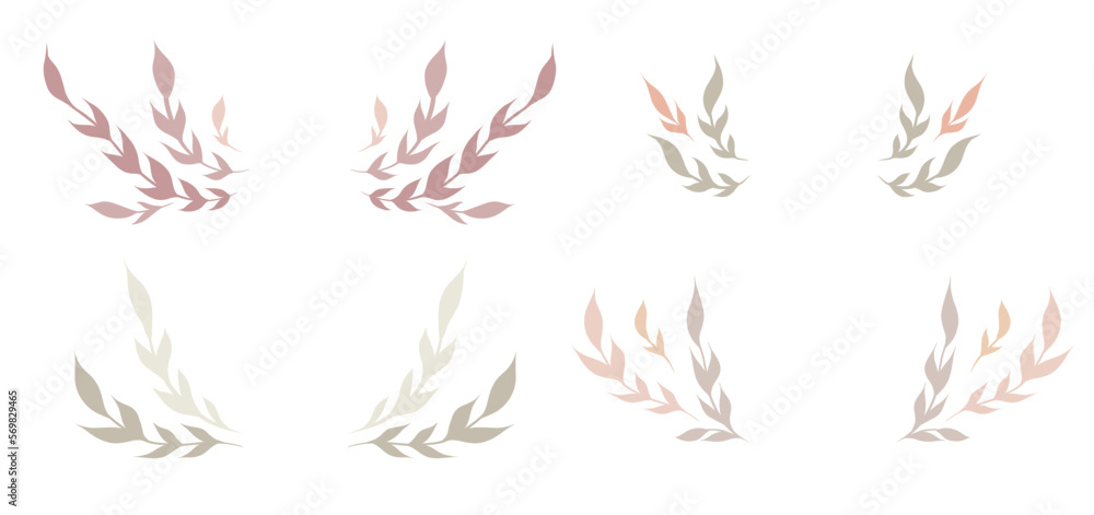 Vector set of wreaths from branches with foliage and copy space. Collection of gentle frames with twigs and stems in pastel colors.