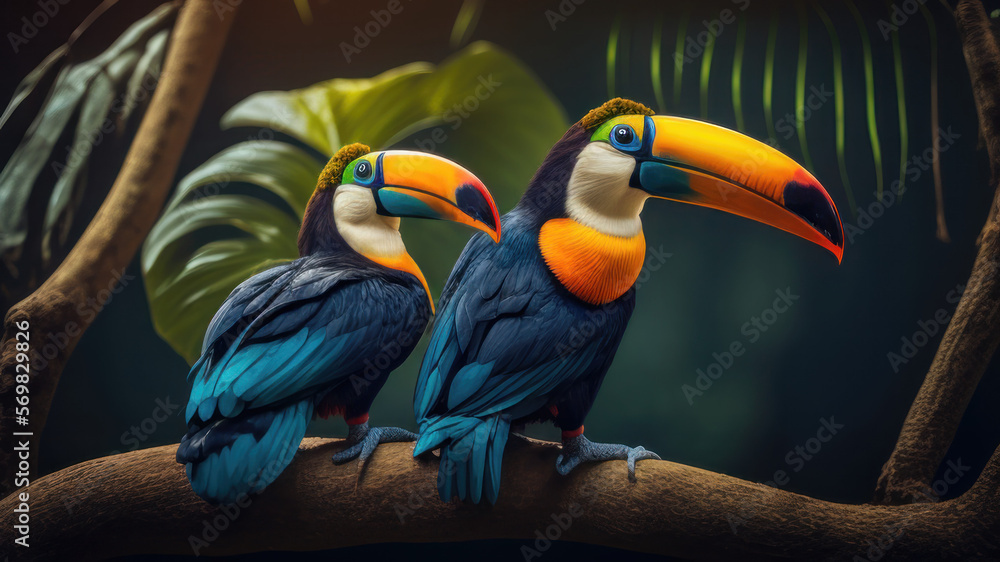 Obraz premium Two toucan tropical bird sitting on a tree branch in natural wildlife environment in rainforest jungle. Generative AI