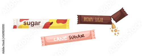 Sugar sticks, paper sachets. Sweet crystals packed in packages, bags for retail, cafe. Beet and cane sweetener in small packets set. Flat vector illustration isolated on white background