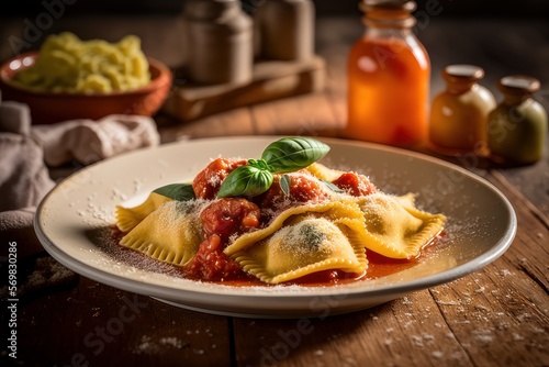 Delicious Italian ravioli  with tomatoes and basil on ceramic plate. Italian restaurant concept. For web, social media, landing page. photo