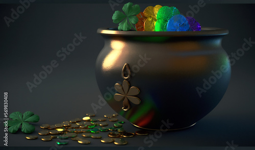St. Patrick's Day treasure: pot of gold, clover and rainbow
