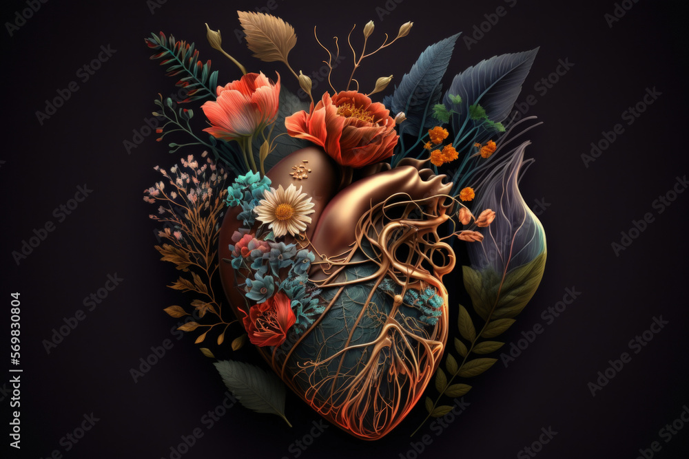 Naklejka premium Human heart with flowers, love and emotion concept, good hearted person, help and charity. Generative AI