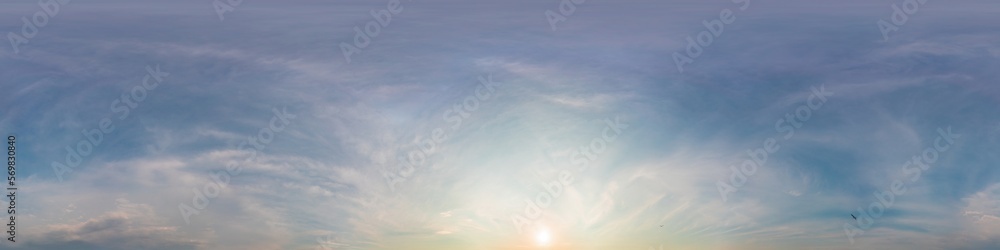 Obraz premium Dark blue sunset sky panorama with golden Cirrus clouds. Seamless hdr 360 panorama in spherical equirectangular format. Full zenith for 3D visualization, sky replacement for aerial drone panoramas.