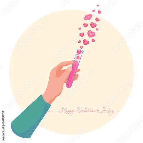 Valentine's Day illustration. Woman's hand with a test tube filled with hearts. Pink hearts flying out of a test tube. Calligraphic inscription with congratulations on Valentine's Day