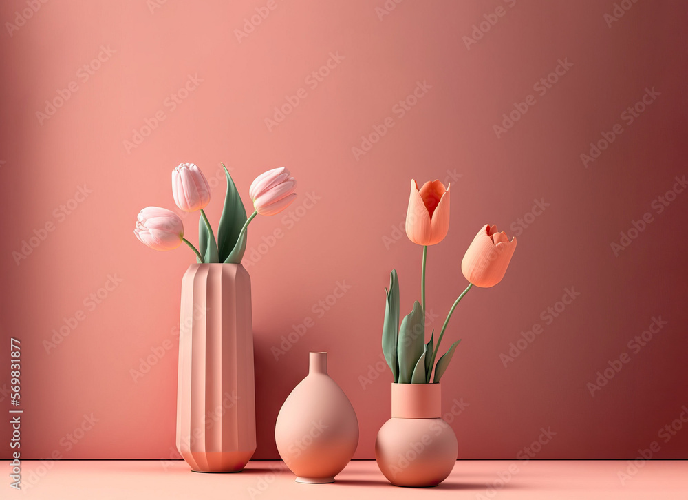 Spring time: Minimalistic still life with beautiful tulips in vase on the minimalistic pink background. AI
