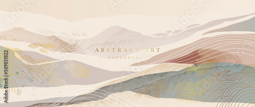 Luxury abstract line art background vector. Wallpaper design with gold ocean wave line art pattern, mountain watercolor texture. Design illustration for decoration, wall decor, card, poster, banner.