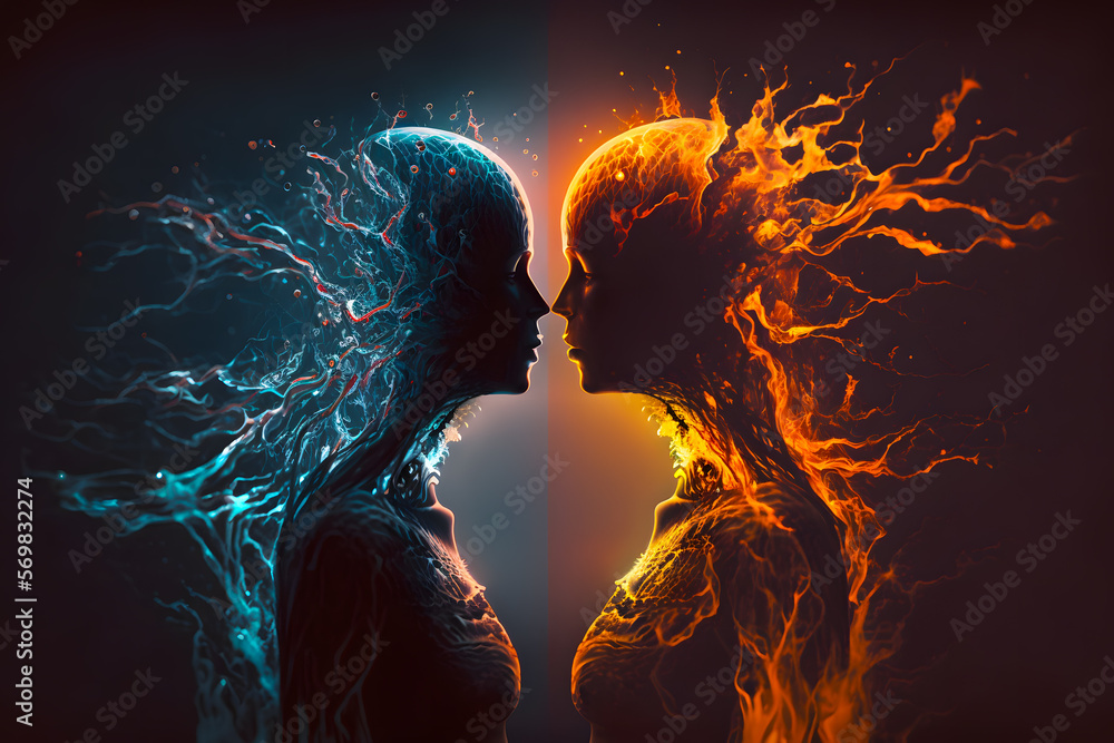 Two silhouettes of a man look at each other confrontation of water and fire. Generative AI technology.