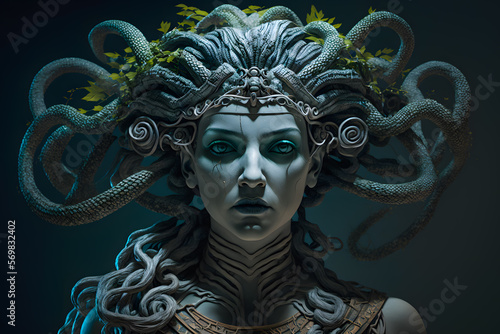 The classic depiction of the head of the Gorgon Medusa from ancient mythology, a gloomy awesome look horror fright. Generative AI technology.
