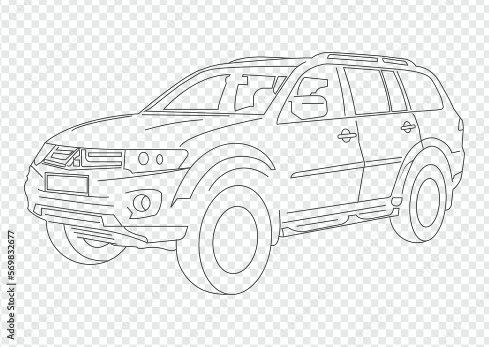 Coloring page vector line art for book and drawing. Illustration outline car. Black contour sketch illustrate Isolated on transparent background. High speed drive vehicle. Graphic element. 