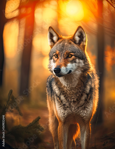 wolf in the forest at sunset - Created with generative AI technology 