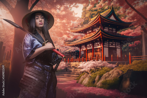 Portrait of samurai woman with katana dressed in kimono near temple.