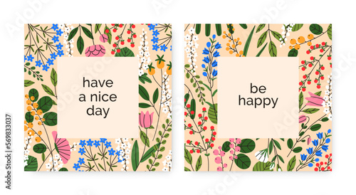 Spring cards with blooming flowers. Square-shaped background, floral botanica...