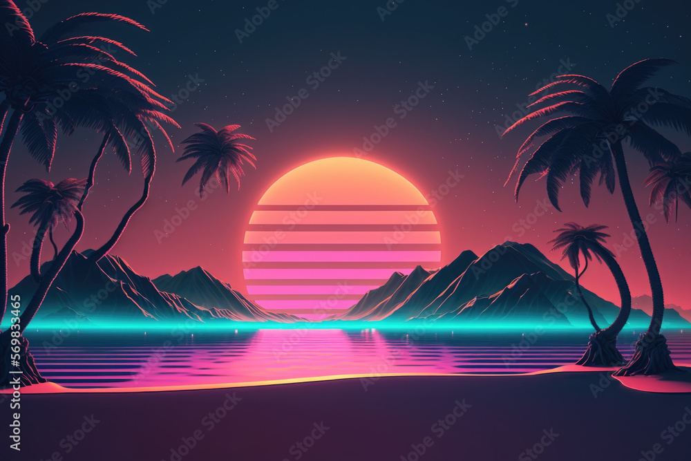 Retro futuristic synthwave retrowave styled night Beach with sunset on background, bluish mood, 80's - Generative A