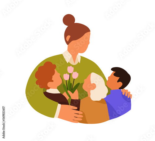 Children giving flowers bouquet for Teacher day. School students, kids huggin...