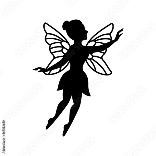 Magical fairy logo. Flying fairy silhouette. Mythical tale character. Little creature with wings in dress