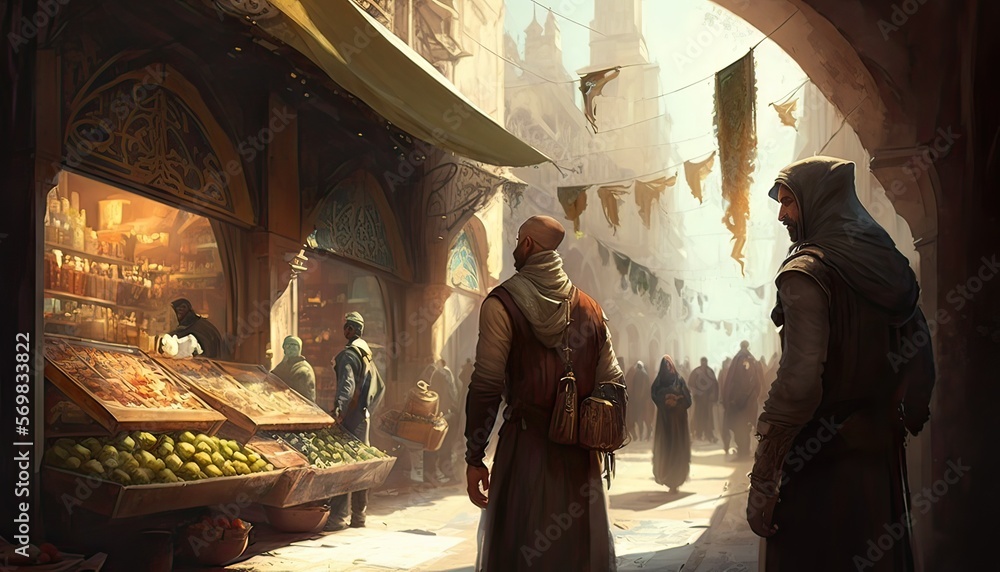 Nimble thief stealing a valuable gem from a wealthy merchant. The setting is a bustling city market filled with vendors and shoppers. Illustration fantasy by generative IA