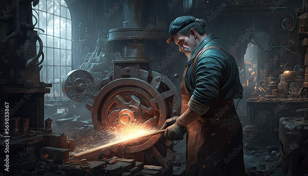 Illustrazione Stock Dwarf blacksmith crafting a masterful weapon. The  environment is a bustling forge filled with the sounds of clanging metal  and the smell of burning coal. Illustration fantasy by generative IA