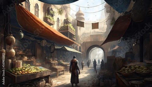 Nimble thief stealing a valuable gem from a wealthy merchant. The setting is a bustling city market filled with vendors and shoppers. Illustration fantasy by generative IA photo