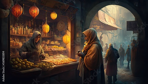 Nimble thief stealing a valuable gem from a wealthy merchant. The setting is a bustling city market filled with vendors and shoppers. Illustration fantasy by generative IA