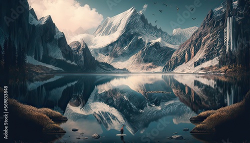 Pristine mountain lake surrounded by snow-capped peaks. Illustration fantasy by generative IA