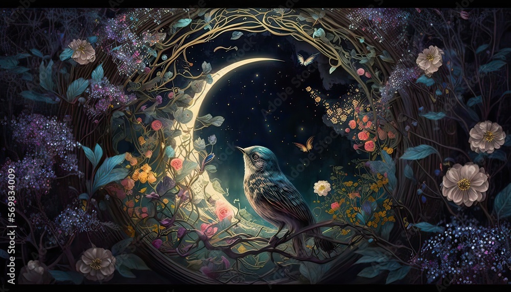 Moonlit garden filled with fragrant flowers and singing birds. Illustration fantasy by generative IA