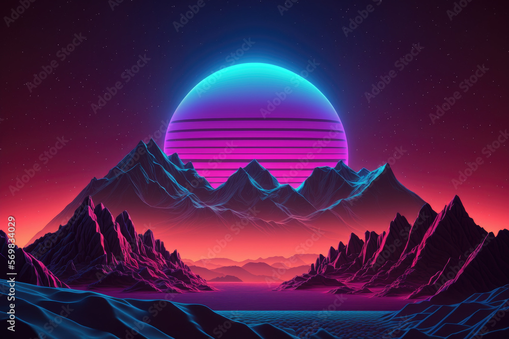 Retro futuristic synthwave retrowave styled night mountain with sunset on background, blue and purple ambience - Generative AI