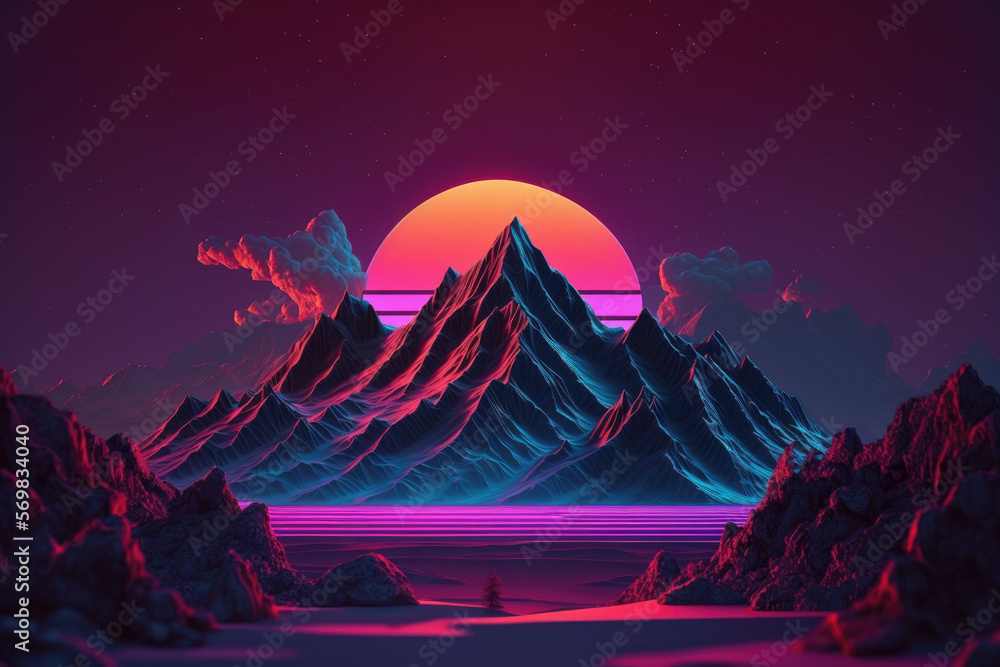 Retro futuristic synthwave retrowave styled night mountain with sunset on background, blue and purple ambience - Generative AI