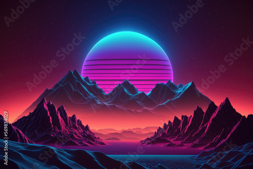 Retro futuristic synthwave retrowave styled night mountain with sunset on background  blue and purple ambience - Generative AI