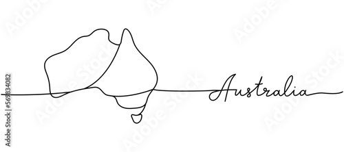 Australia - word with country silhouette one line. Minimalist drawing illustration. Australia country silhouette continuous one line illustration.