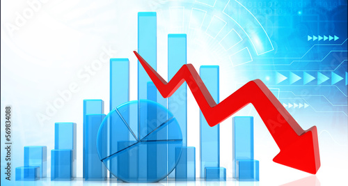 Stock market crash. Business arrow graph crashing down. 3d illustration.