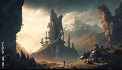 Towering cliff with a view of a sprawling valley below. Illustration fantasy by generative IA