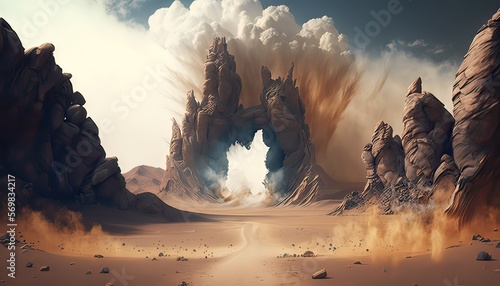Barren wasteland with jagged rocks and boiling geysers. Illustration fantasy by generative IA