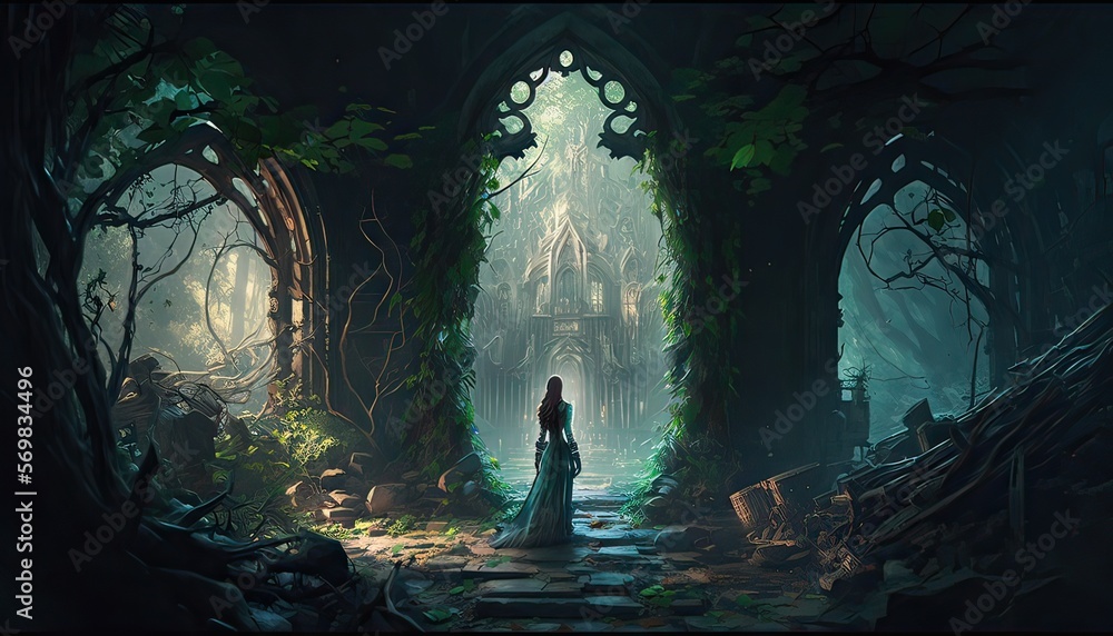 Obraz premium Evil enchantress trapping a prince in a spell. The landscape is a dense and tangled forest filled with secrets and dangers. Illustration fantasy by generative IA