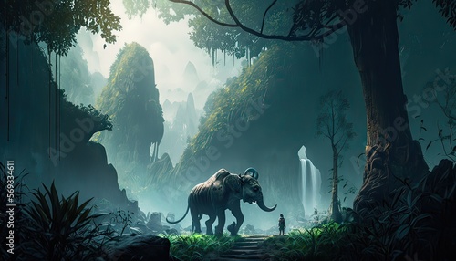 Savage beastman stalking its prey through the jungle. The background is a steaming and humid jungle filled with towering trees and exotic wildlife. Illustration fantasy by generative IA