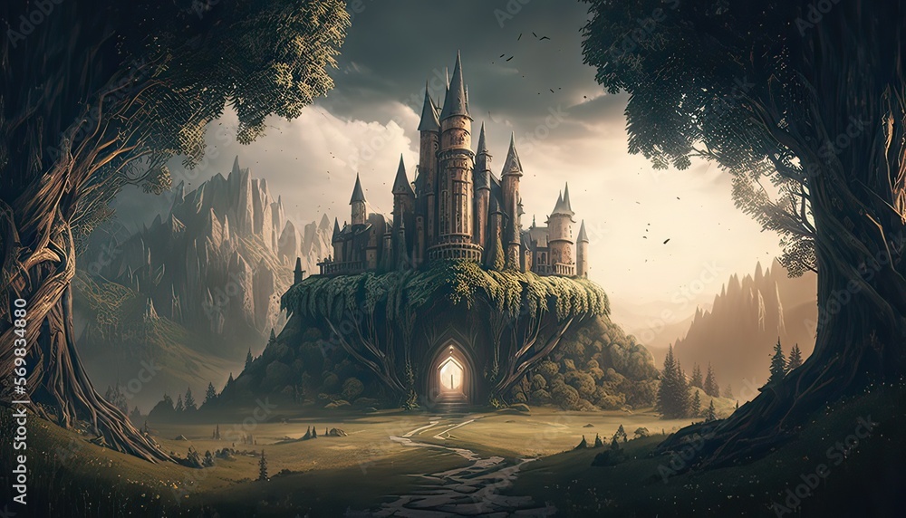 Naklejka premium Sprawling castle surrounded by rolling hills and verdant fields. Illustration fantasy by generative IA
