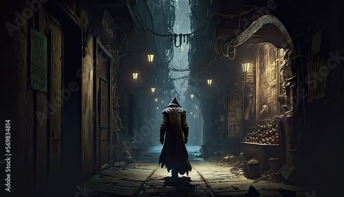 Goblin assassin sneaking up on his target. The setting is a dark and creepy alley filled with shadows and strange noises. Illustration fantasy by generative IA photo