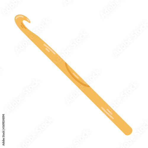 Vector yellow crochet hook. Cozy crafting hobby. Knitting. Steel crochet hook in flat design.