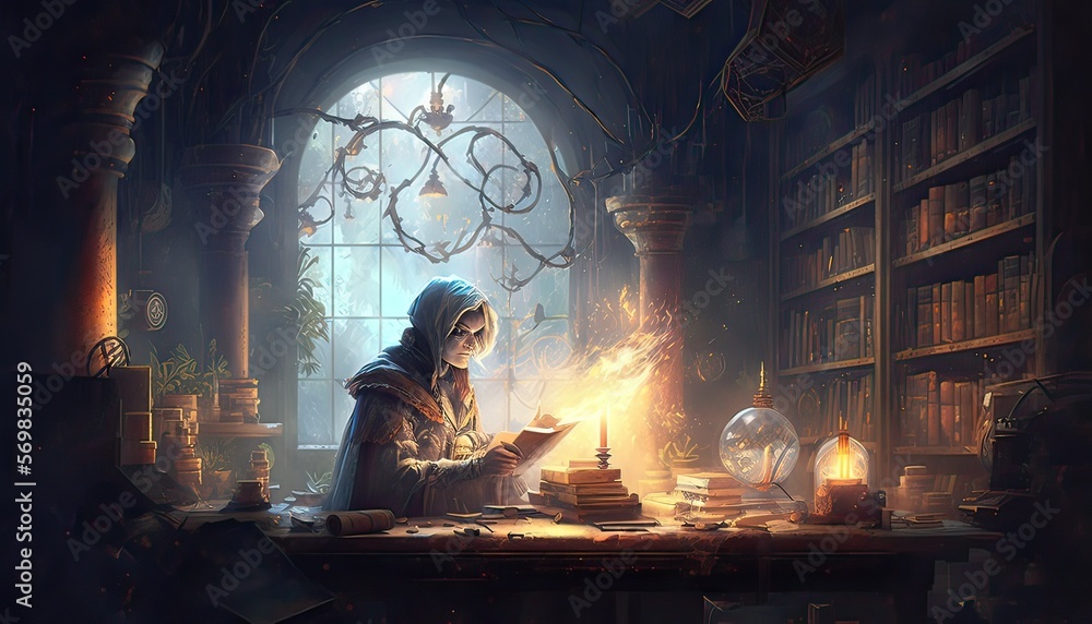 Young wizard learning the ways of magic. The environment is a quiet and studious library filled