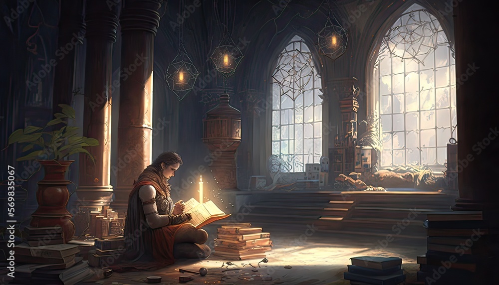 Old wizard learning the ways of magic. The environment is a quiet and studious library filled with ancient tomes and arcane knowledge. Illustration fantasy by generative IA
